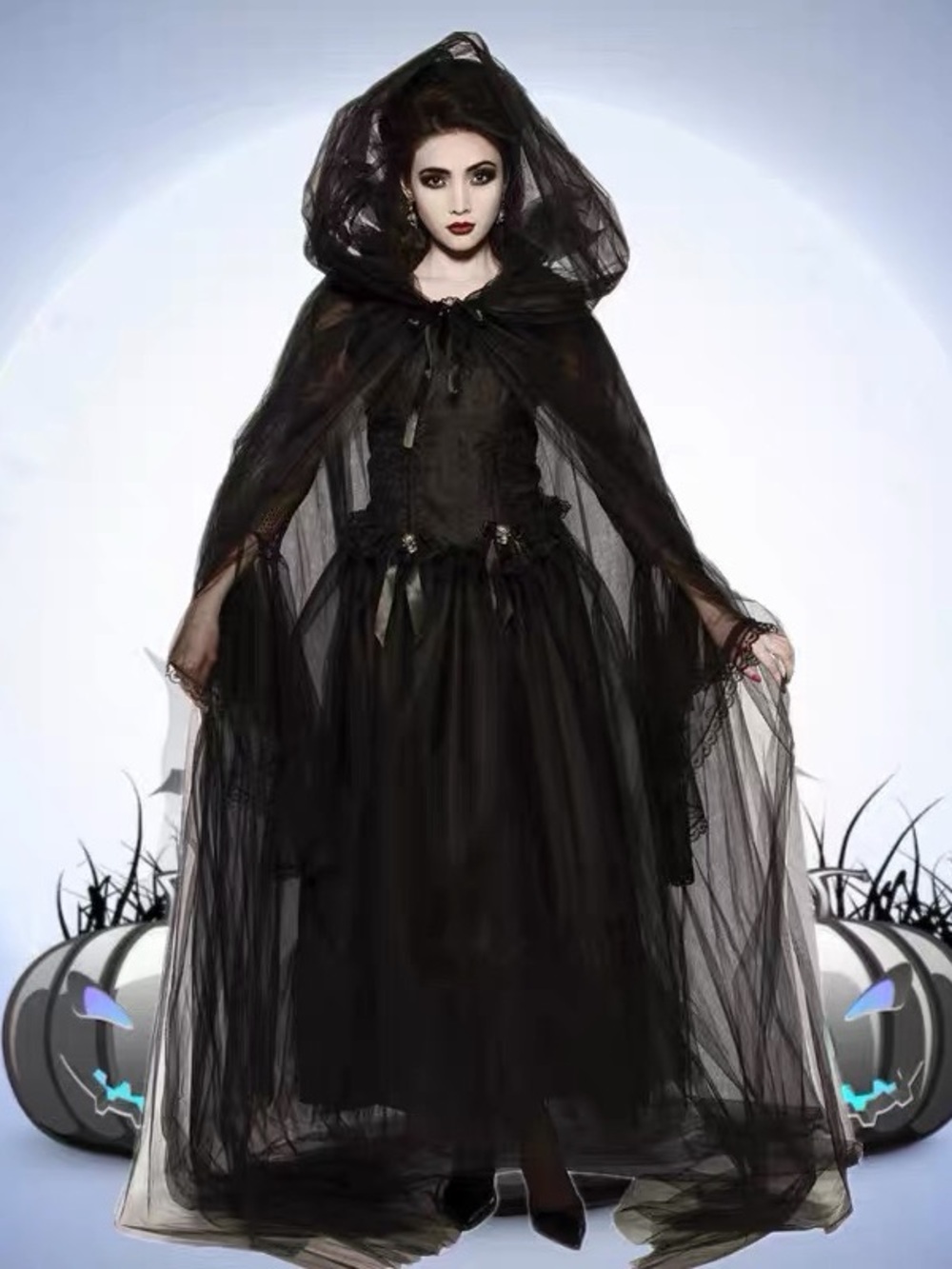 Women Gothic Witch / Lady Death Halloween Costume Dress Hooded Sheer Tulle Cape